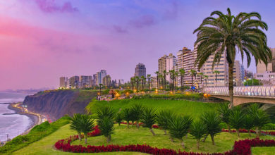 Evening view of Miraflores District, Lima Peru landscape by the coast