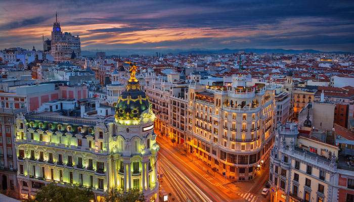 Cityscape image of Madrid, Spain during sunset