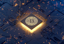 Bitcoin on motherboard,3d rendering,conceptual image.