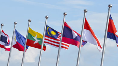 View of national flags of Southeast Asia countries; Brunei Darussalam, Myanmar / Burma, Cambodia, Indonesia, Laos, Malaysia, Philippines, Singapore, Thailand, Vietnam, East Timor.