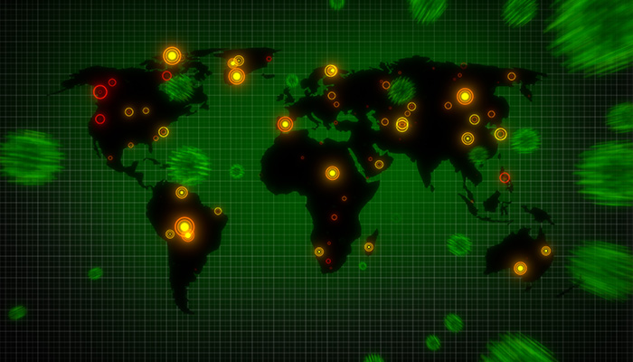 3D generated illustration of world map under attack from coronavirus