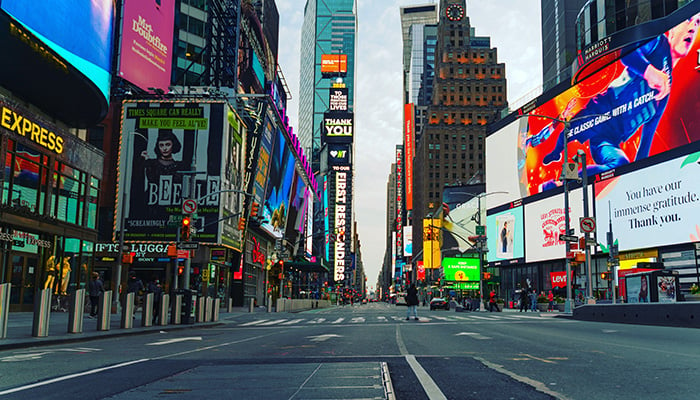 Deserted Times Square, New York during Covid-19 pandemic. Credit: iStock/Leo Cunha Media
