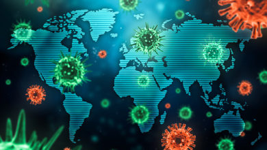 Viral epidemic or pandemic spreading around the world concept with microscopic virus cells and the world map. Healthcare, medical, global contagion and communicable disease 3d rendering illustration.