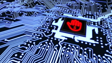 Blue circuit board closeup connected to a cpu with a glowing stop hand symbol cybersecurity concept 3D illustration