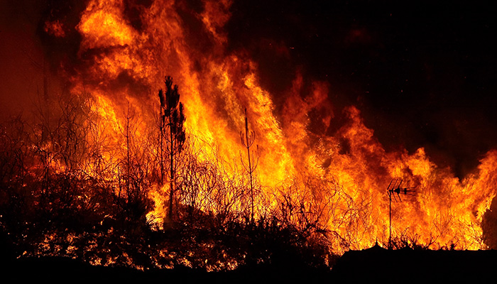 Forest big fire very close to houses, Povoa de Lanhoso, Portugal.