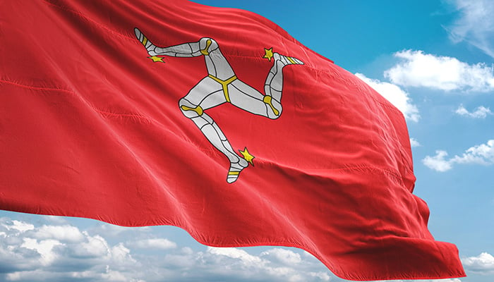 Isle of Man flag waving cloudy sky background realistic 3d illustration