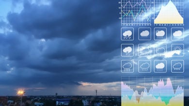 Weather forecast symbol data presentation with graph and chart on tropical storm background. Dramatic atmosphere panorama view of storm clouds and heavy rain storm on twilight tropical sky.