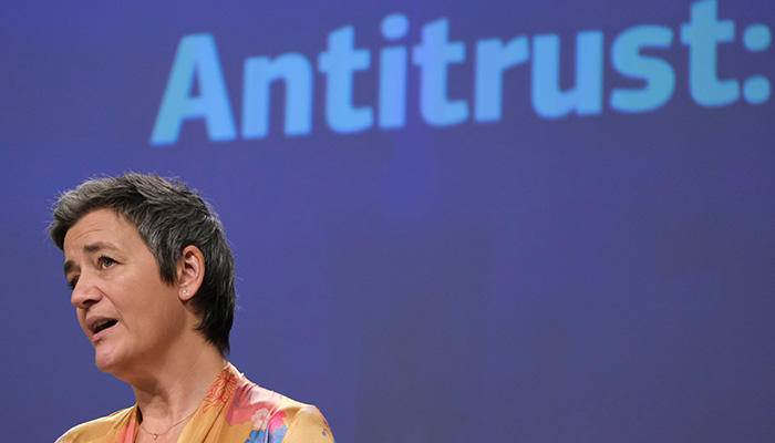 Brussels, Belgium. 30th January 2020. European Commissioner for Competition Margrethe Vestager gives a press conference on an antitrust decision against NBCUniversal
