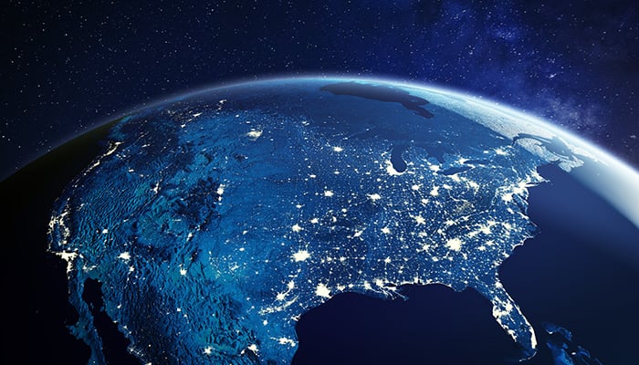 USA from space at night with city lights showing American cities in United States, global overview of North America, 3d rendering of planet Earth, elements from NASA