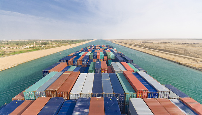 Large container vessel ship passing Suez Canal