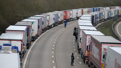 Ashford, Kent / UK - 13 March 2018. Police initiate operation stack on the M20 motorway between J8-J9 due to delays at Dover Port during Storm Gareth.