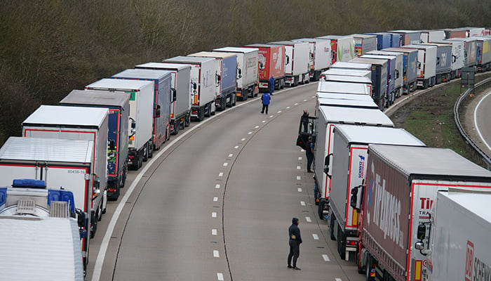 Ashford, Kent / UK - 13 March 2018. Police initiate operation stack on the M20 motorway between J8-J9 due to delays at Dover Port during Storm Gareth.
