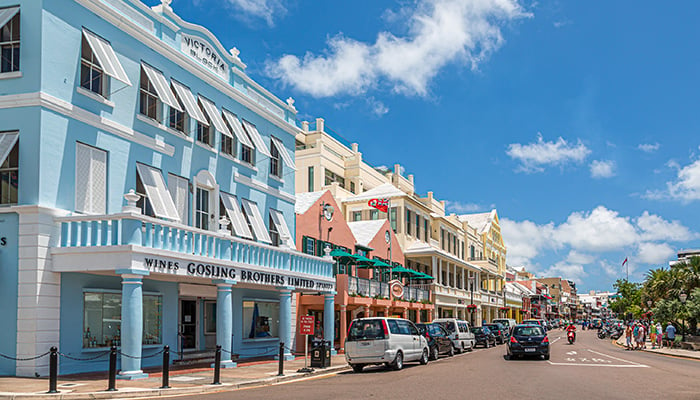 HAMILTON, BERMUDA - July 12, 2017: Bermuda has a blend of British and American culture, which can be found in the capital, Hamilton. Its Royal Naval Dockyard combines modern attractions with history.
