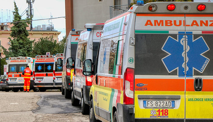 Italian ambulance parked in front of the emergency room in the hospital in Puglia, Italy - 11.01.2021