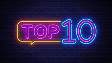 Top 10 Neon Text . Top Ten neon sign, design template, modern trend design, night neon signboard, night bright advertising, light banner, light art. illustration.