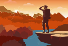 Traveller or explorer with backpack, standing on top of mountain or cliff and looking on valley. Vector illustration of adventure tourism and travel, discovery, exploration, hiking.