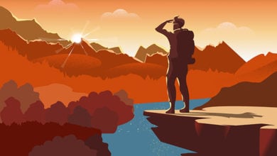 Traveller or explorer with backpack, standing on top of mountain or cliff and looking on valley. Vector illustration of adventure tourism and travel, discovery, exploration, hiking.