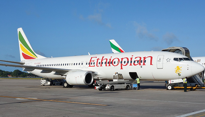 MAHE, SEYCHELLES -17 JULY 2015- A Boeing 737 from Ethiopian Airlines (ET) is parked at the Aeroport de la Pointe Larue, or Seychelles International Airport (SEZ), located on the island of Mahe.