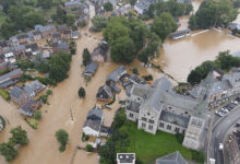 ROCHEFORT, BELGIUM - JULY 13, 2021: Drone view of some streets and houses heavily damaged from the historic floods in Rochefort, Belgium in July 2021