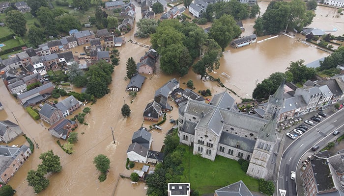 ROCHEFORT, BELGIUM - JULY 13, 2021: Drone view of some streets and houses heavily damaged from the historic floods in Rochefort, Belgium in July 2021