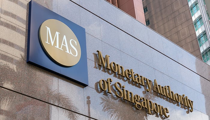 SINGAPORE - 23 DECEMBER, 2017: Monetary Authority of Singapore (MAS) logo signage on the building at entrance.