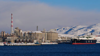 - 03/02/2019: Closeup view of tanker anchoring at Europe's largest liquefied natural gas (LNG) site on MelkÃ¸ya island in the arctic sea in winter time.