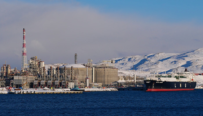 - 03/02/2019: Closeup view of tanker anchoring at Europe's largest liquefied natural gas (LNG) site on MelkÃ¸ya island in the arctic sea in winter time.