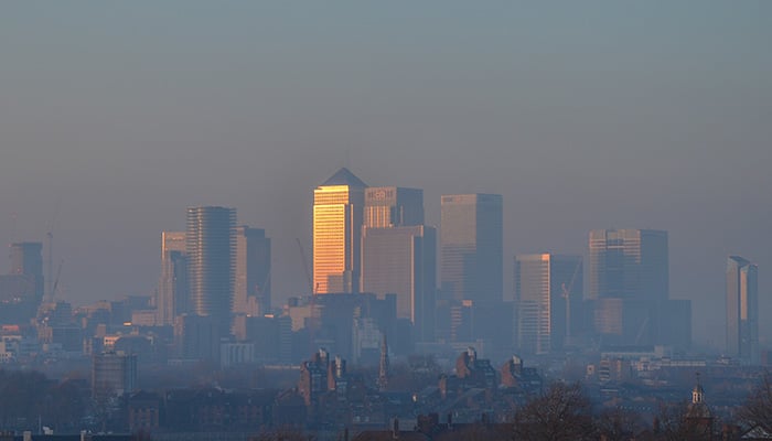 Greenwich, London - January 2017 - Heavy pollution sits over London's skyline between 21-24 January.