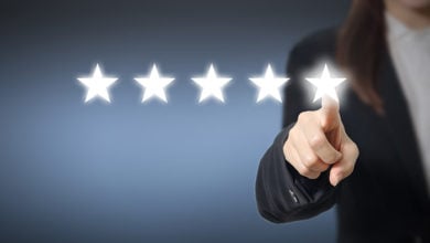 evaluation concept. Businesswoman pointing five star to increase rating of company, Increase rating.