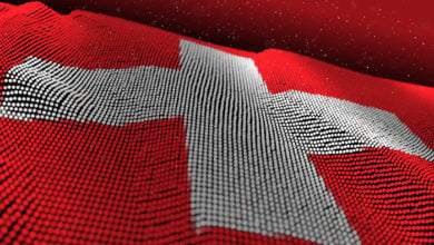 3D illustration Abstract Glowing Particle Wavy surface with Papua New Switzerland flag texture 8K Background