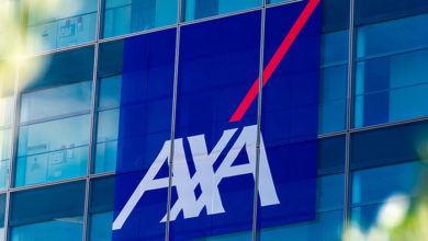 Nanterre, France - July 29, 2021: Detail of the facade of the building housing the headquarters of Axa, an international French group specializing in insurance and asset management