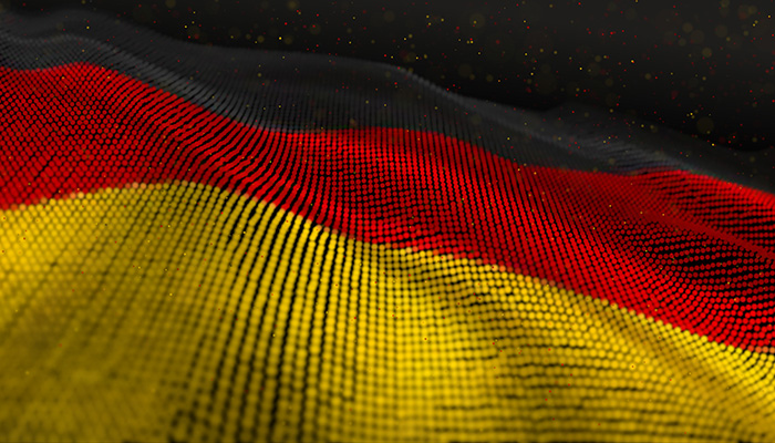 Abstract Glowing Particle Wavy surface with Germany flag German Flag texture. 8K 3D illustration