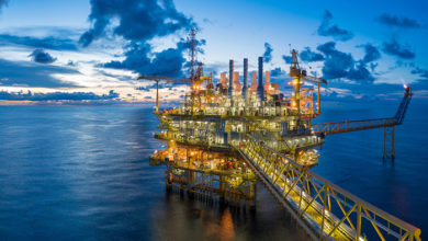 Panorama of Oil and Gas central processing platform in twilight, offshore hard work occupation twenty four working hours.