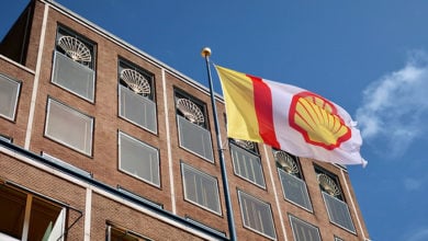 THE HAGUE - AUGUST 19, 2019: ROYAL DUTCH SHELL company flag and logo at headquarters building