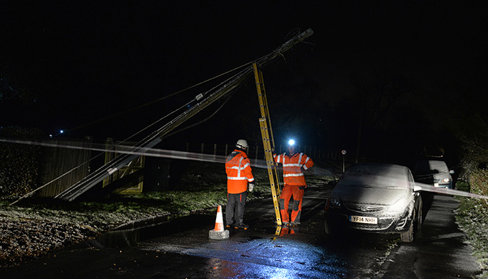 York UK Nov 27 2021 power line engineers working late into the night to maintain power to rural properties following damage to the infrastructure incurred during Storm Arwen