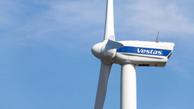 MAASVLAKTE, THE NETHERLANDS - June 26, 2018: Vestas wind turbine against blue sky. Vestas Wind Systems A/S is a Danish manufacturer, seller, installer and servicer of wind turbines.