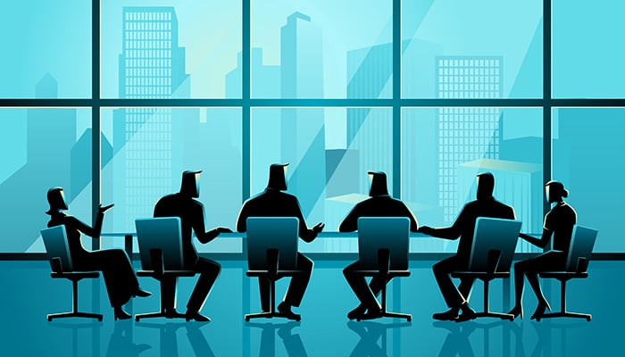 Business illustration of business people having a meeting in executive conference room with cityscape as the background