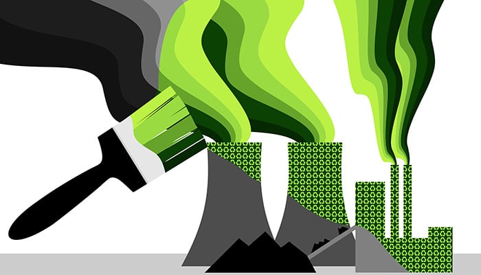 Greenwashing, power station being painted environmentally green with a greenwashing paintbrush concept illustration, companies using misleading information to paint a business as friendly