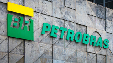 Rio de Janeiro, Brazil - July 16, 2020: Petrobras logo on its headquarters building. Petrobras is oil and gas industry giant Brazil.