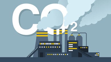 CO2 emissions illustration - harmful air carbon contamination emblem with industrial smoking pipes of factory - isolated vector sign