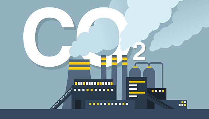 CO2 emissions illustration - harmful air carbon contamination emblem with industrial smoking pipes of factory - isolated vector sign