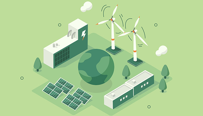 Sustainable ESG industry with windmills and solar energy panels. Environmental, Social, and Corporate Governance concept. Flat isometric vector illustration.