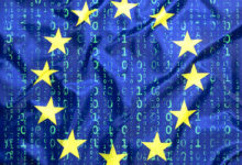 Data protection, binary code with European Union flag