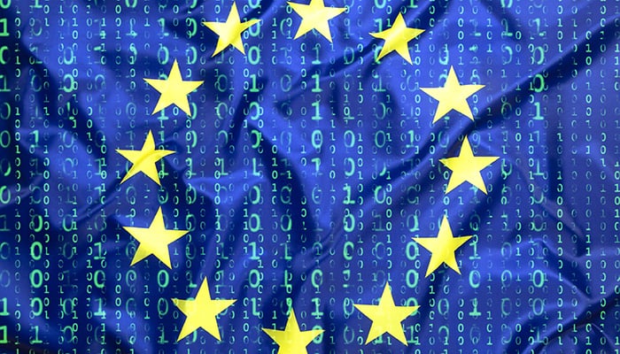Data protection, binary code with European Union flag