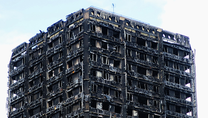 The burnt out remains of the 24-storey Grenfell Tower block in West London, which burnt down in the early hours of June 14th 2017 claiming the lives of around 100 people and making many more homeless.