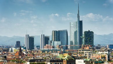 Milan skyline with modern skyscrapers in Porto Nuovo business district, Italy. Panorama of Milano city for background. Summer panoramic view of Milan from above. Architecture and cityscape of Milan.