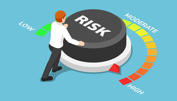 Flat 3d isometric businessman turning risk button to high position. Business risk concept.