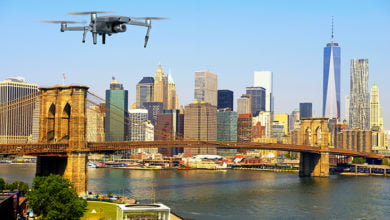 Drone flying over Manhattan, New York
