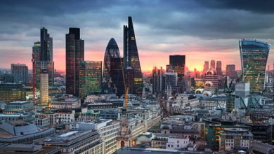 LONDON, UK - JANUARY 27, 2015: City of London, business and banking area. London's panorama in sun set. View from the St. Paul cathedral
