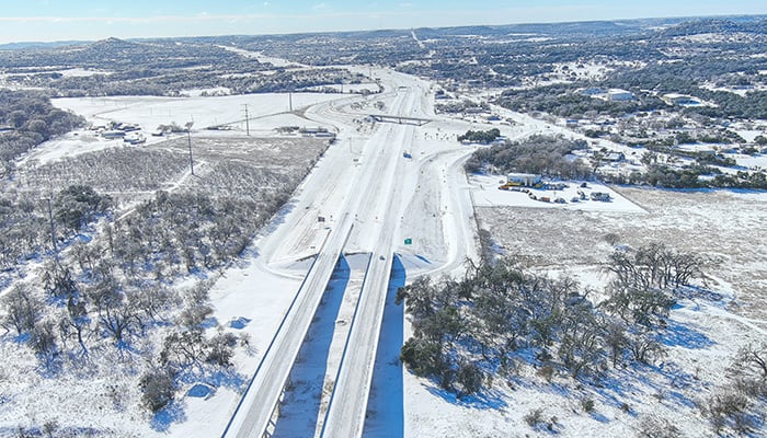 Snowed in Interstate 10 near Comfort Texas during the Texas Winter Storm 2021 taken with a drone